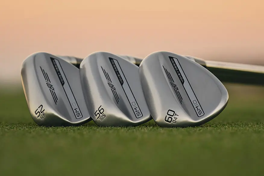 Set of golf wedges including pitching, gap, sand, and lob wedges for short game shots inside 100 yards